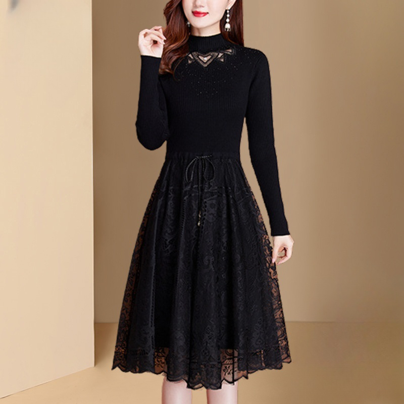 C456 妈妈高端时尚针织打底连衣裙贵夫人时尚洋气保暖毛衣裙女