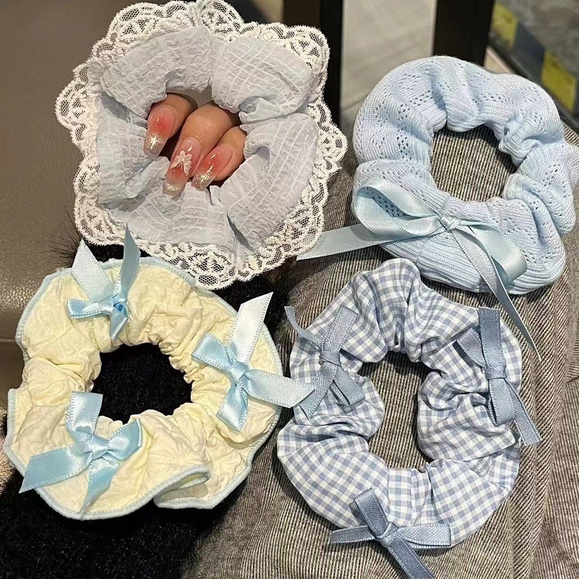 【活动】百搭大肠发圈韩版甜美蓝色系蕾丝发圈蝴蝶结马尾扎头发饰