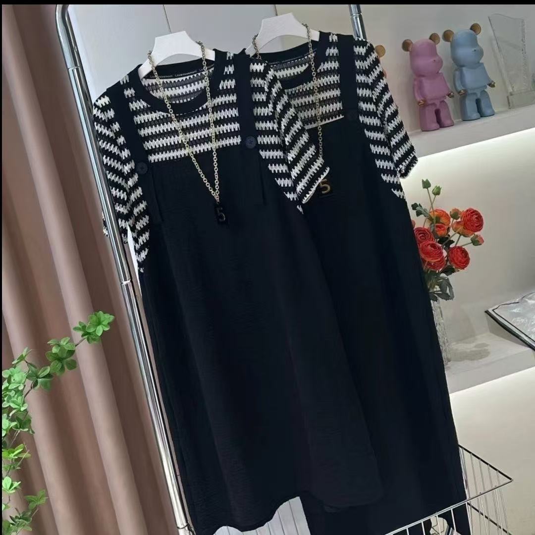 夏季假两件拼接气质连衣裙2025时尚新款宽松条纹显瘦休闲问道联名