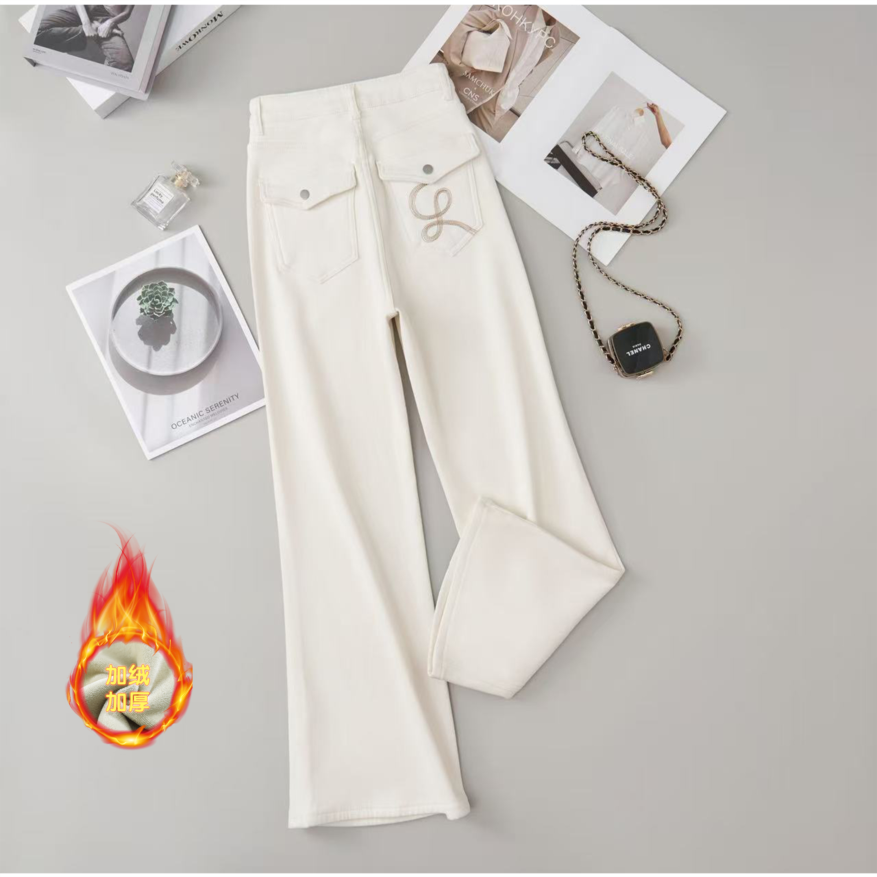 PERIKAS秋冬极简风阔腿微喇牛仔裤女绣花刺绣休闲裤子加绒加厚款