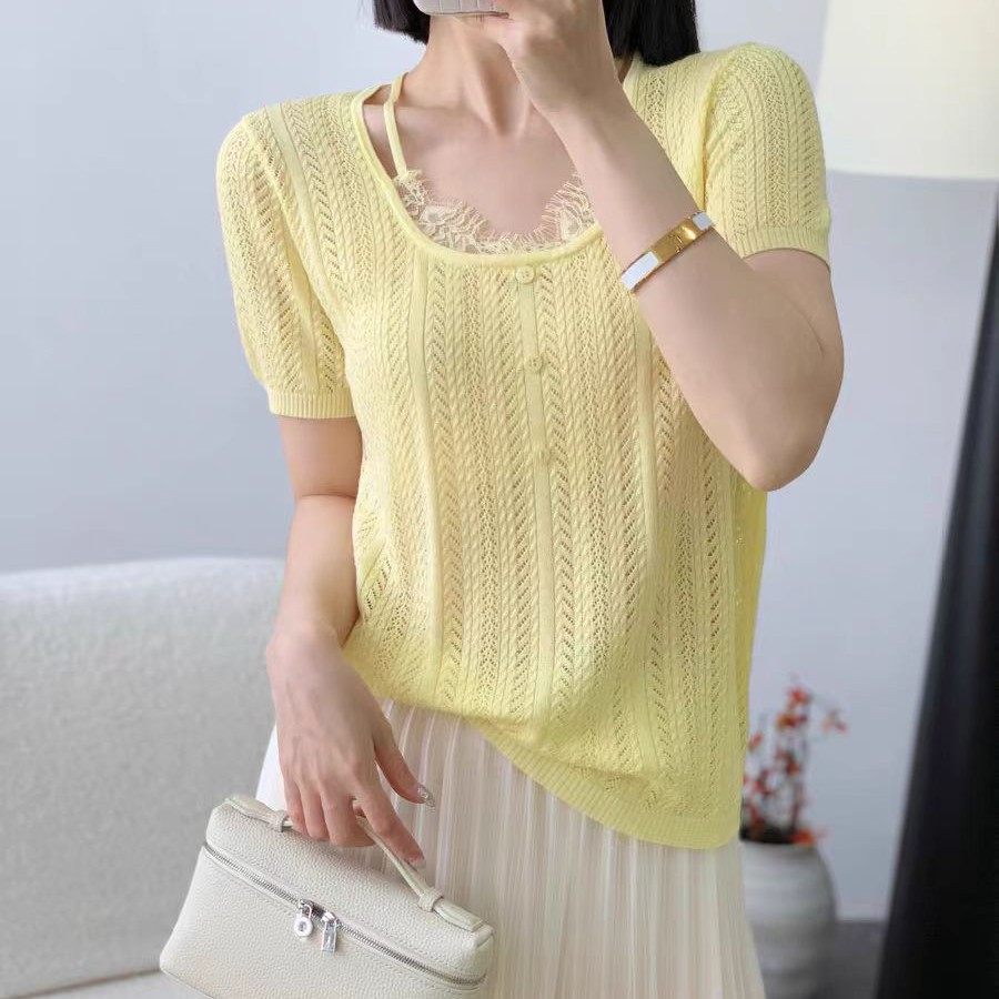 【歌蒂尔】设计款蕾丝拼接镂空钩花洋气百搭针织短袖MCJ0058