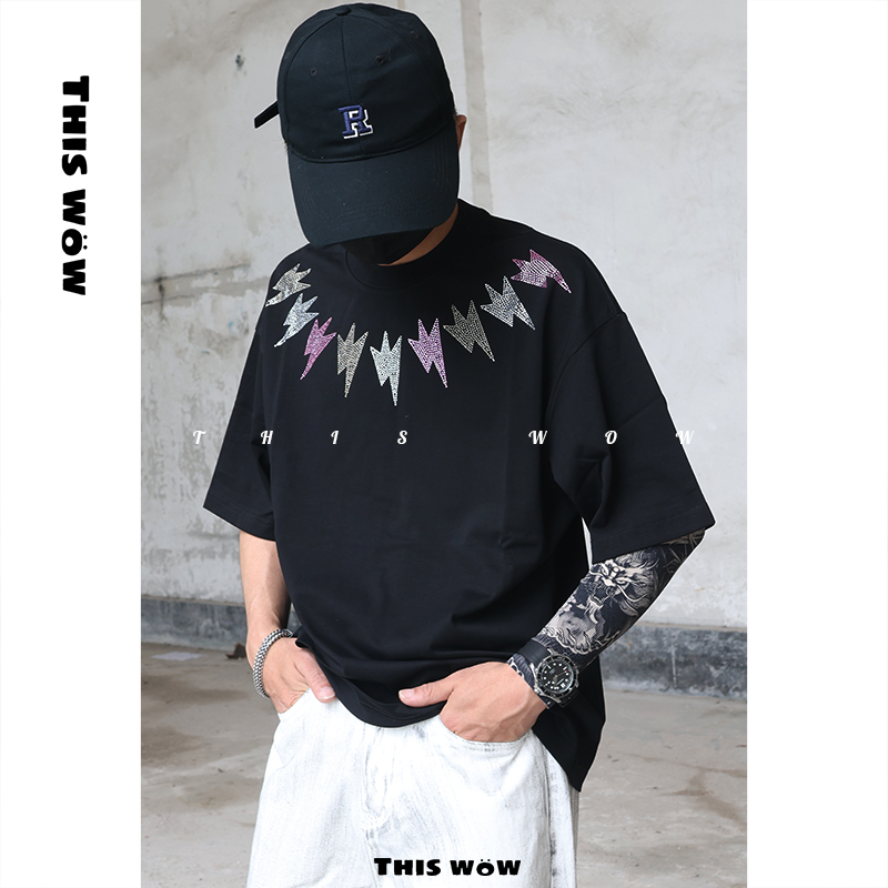 THIS WOW270G重磅T恤纯棉短袖夏季美式闪烫砖图形潮t恤圆领男女