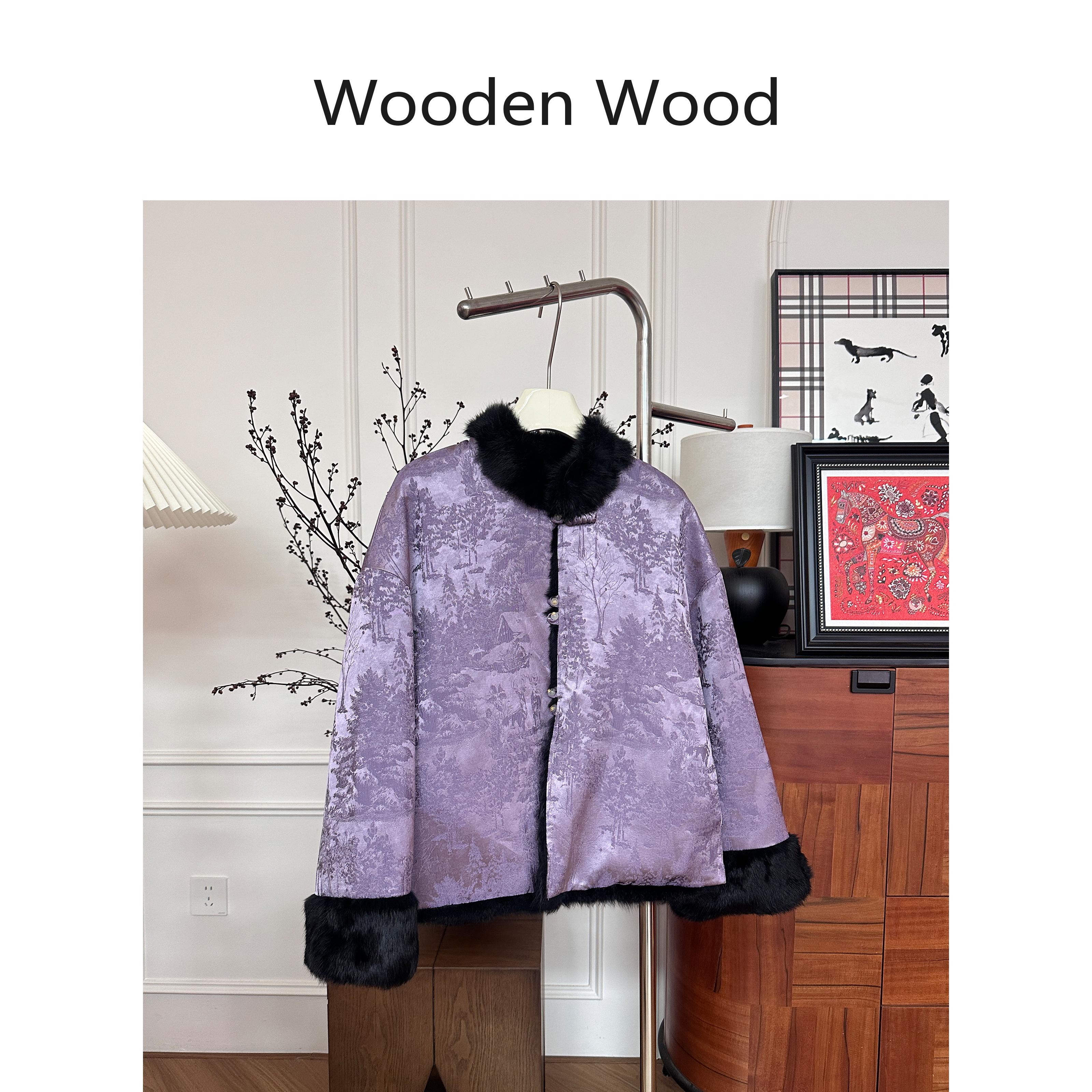 Wooden Wood“紫竹禅心”中式风设计感提花刺绣兔毛拼接外套P25668