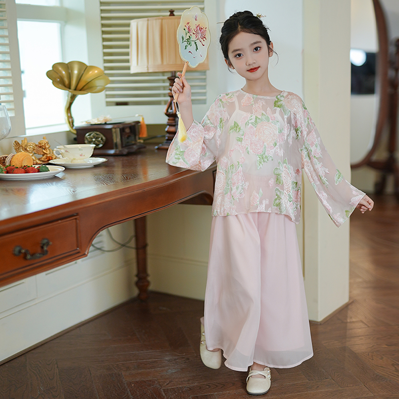53857绝美新中式女童套装汉服国风童装2025夏季重工提花儿童上衣
