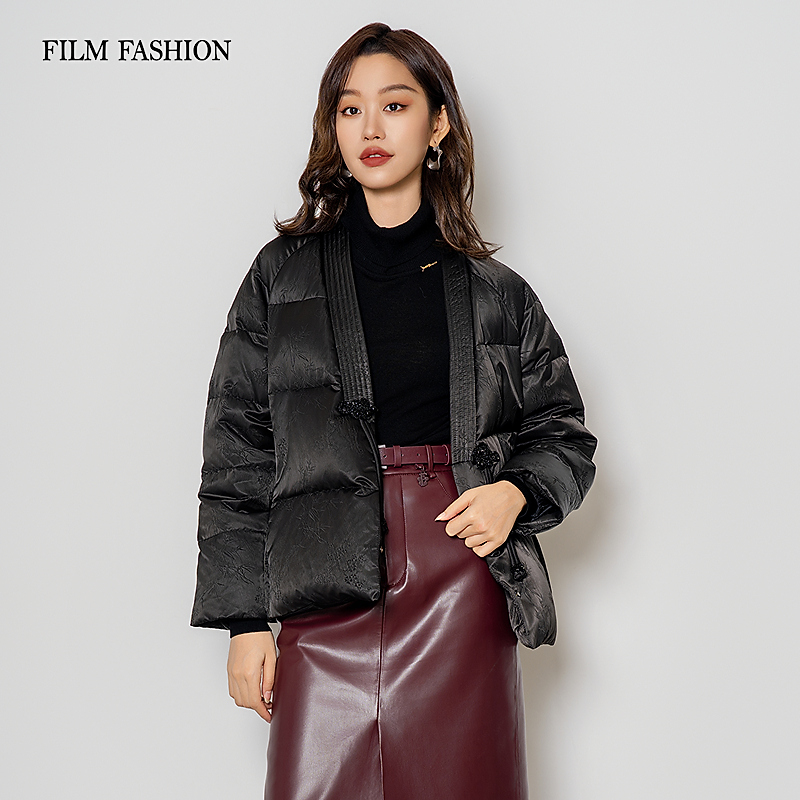 【芊芊专属】冬季新款提花羽绒服鹅绒保暖女宽松V领 FFBI142460