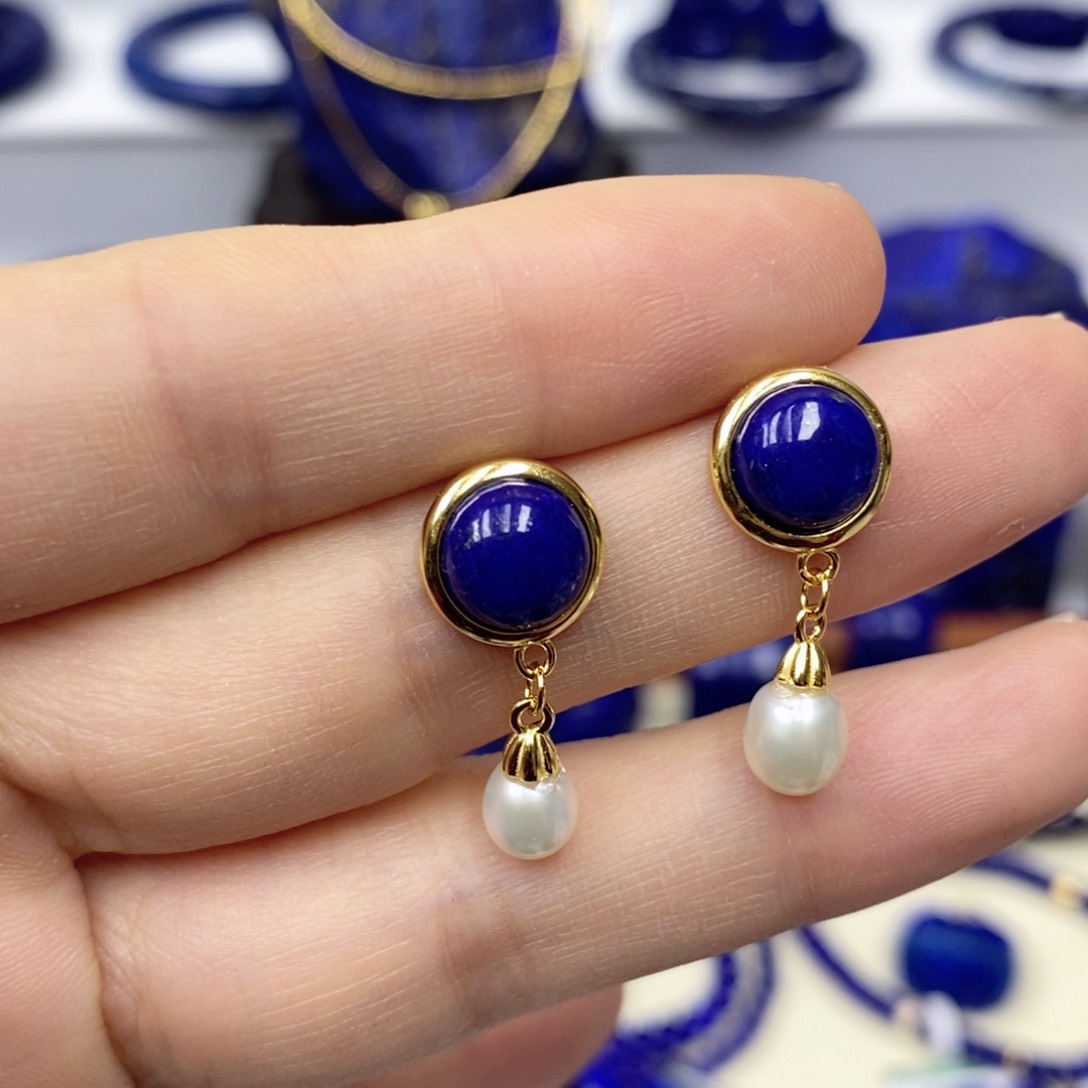 青金石耳饰银S925镀金镶嵌