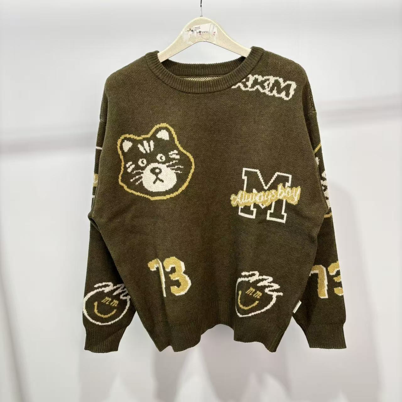 MM 韩系男款卡其色圆领满印图案百搭针织套头衫 MHUCH80060 80060