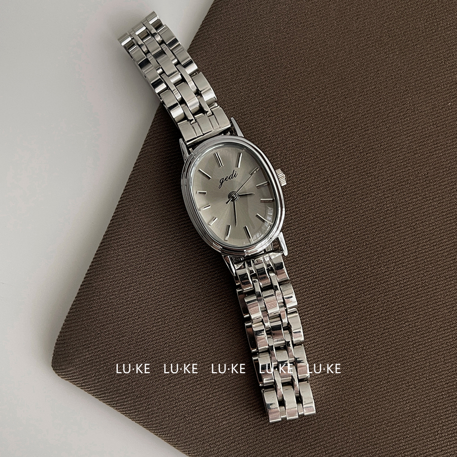 LUKE路可 灰色小银表椭圆小巧精致女士小众高级女款钢带手表女316