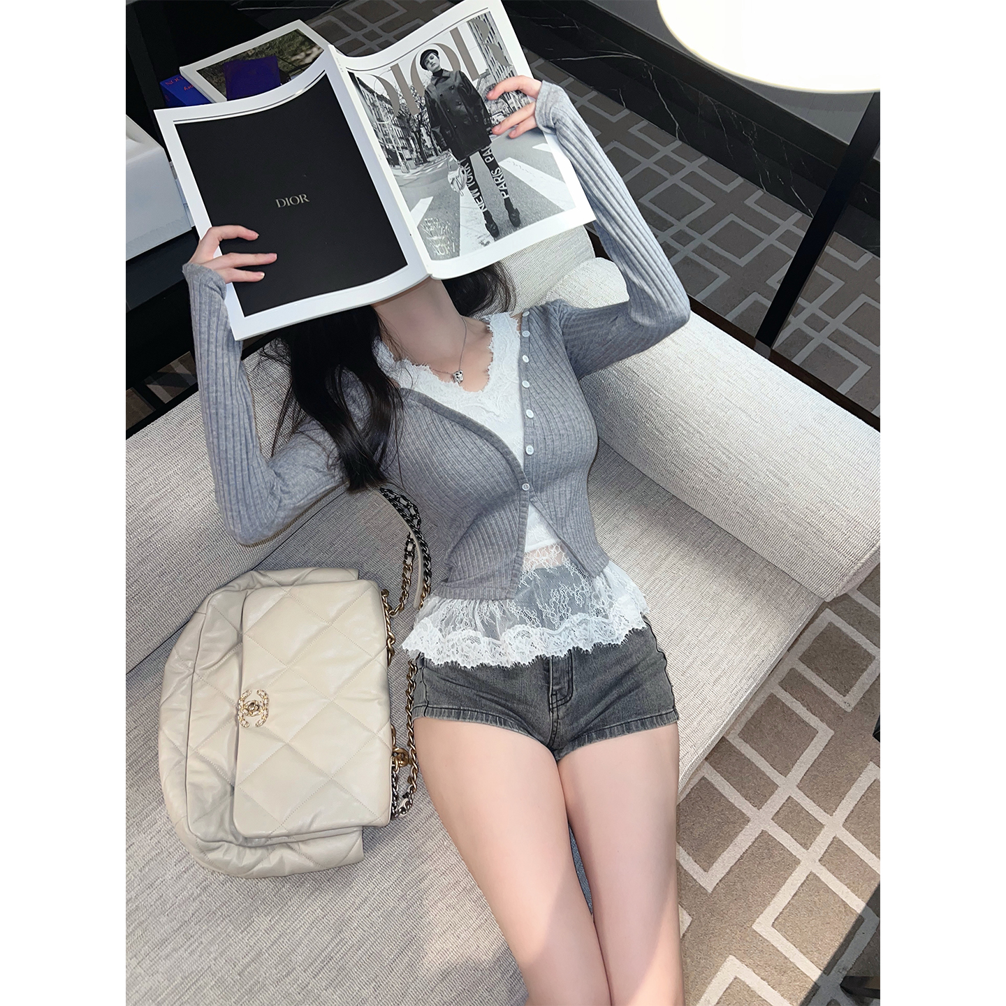 熊熊屋【少女心事】欣欣子同款假两件针织V领蕾丝花边上衣