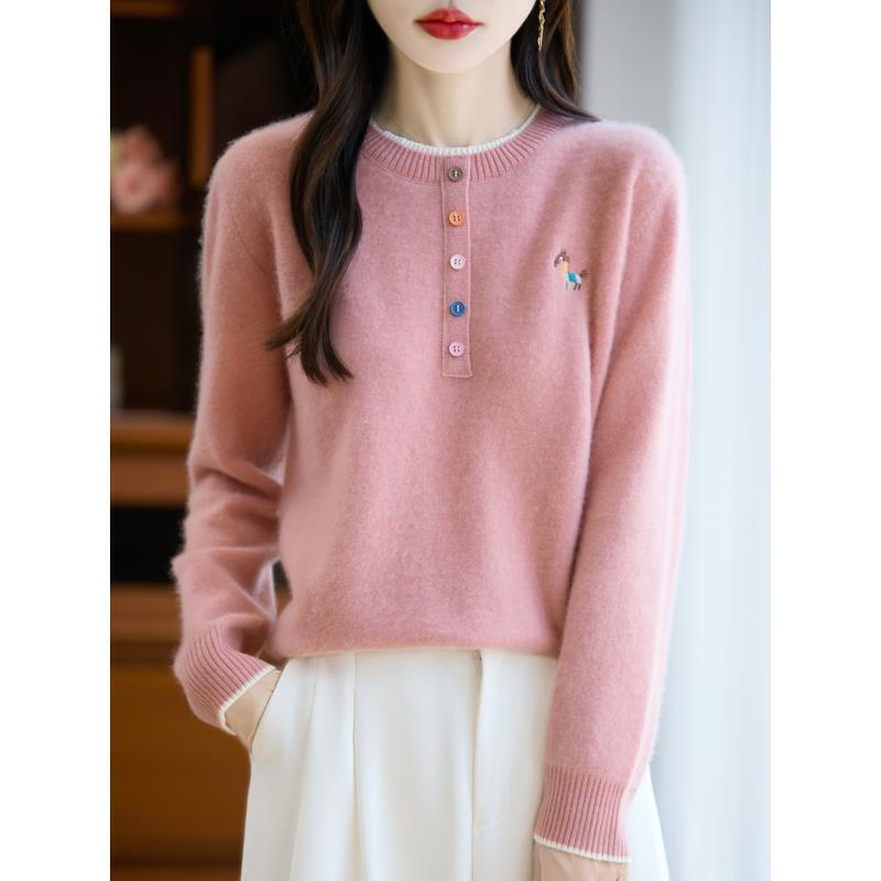 100%羊毛假两件半开彩扣刺绣彩马圆领针织开衫D279