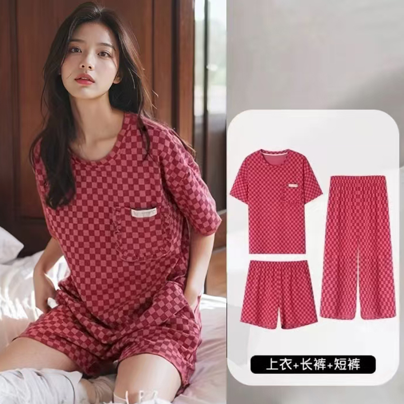 艾唯绅睡衣女夏季短袖时尚格子套装薄款韩版宽松三件套女士家居服