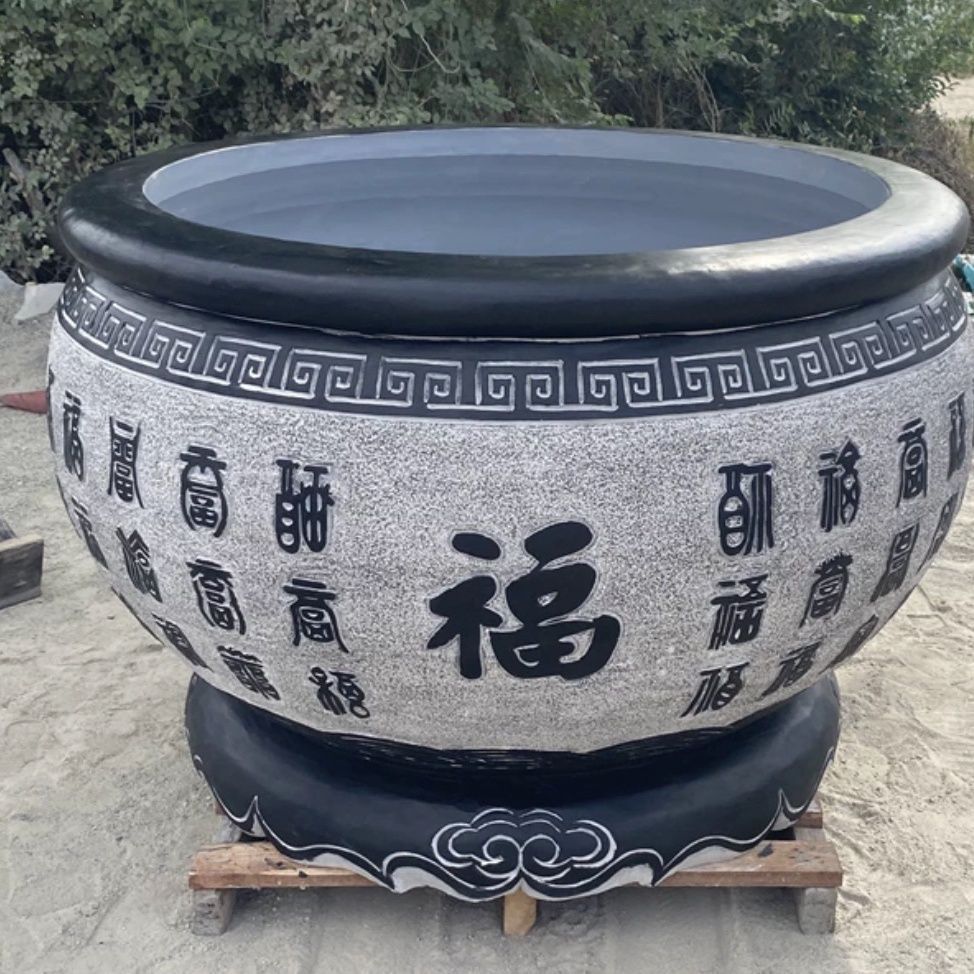 石雕鱼缸仿古青石荷花缸庭院水缸室外石缸养鱼门海大缸福字石缸