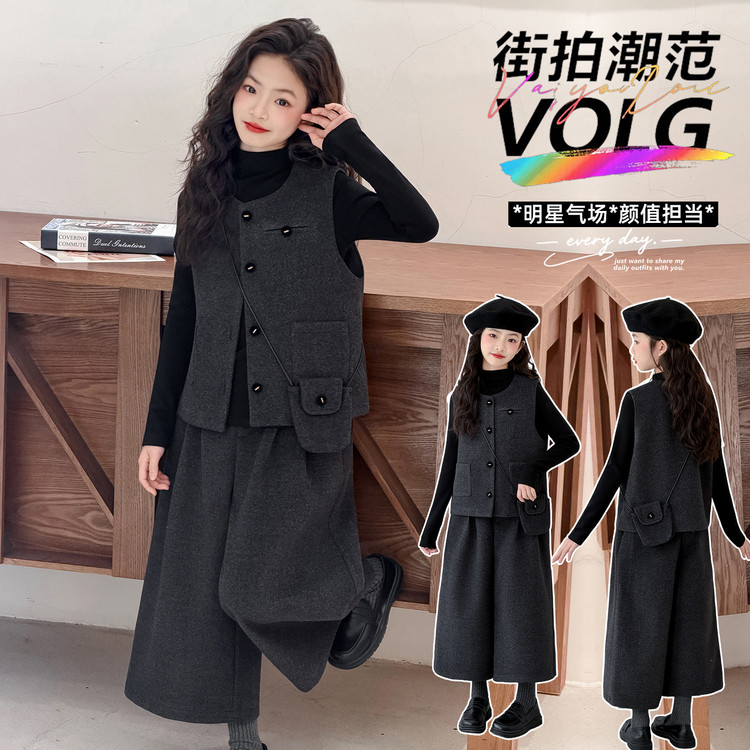 女童套装秋冬季新款中大童打底衫马甲阔腿九分裤三件套小女孩韩版