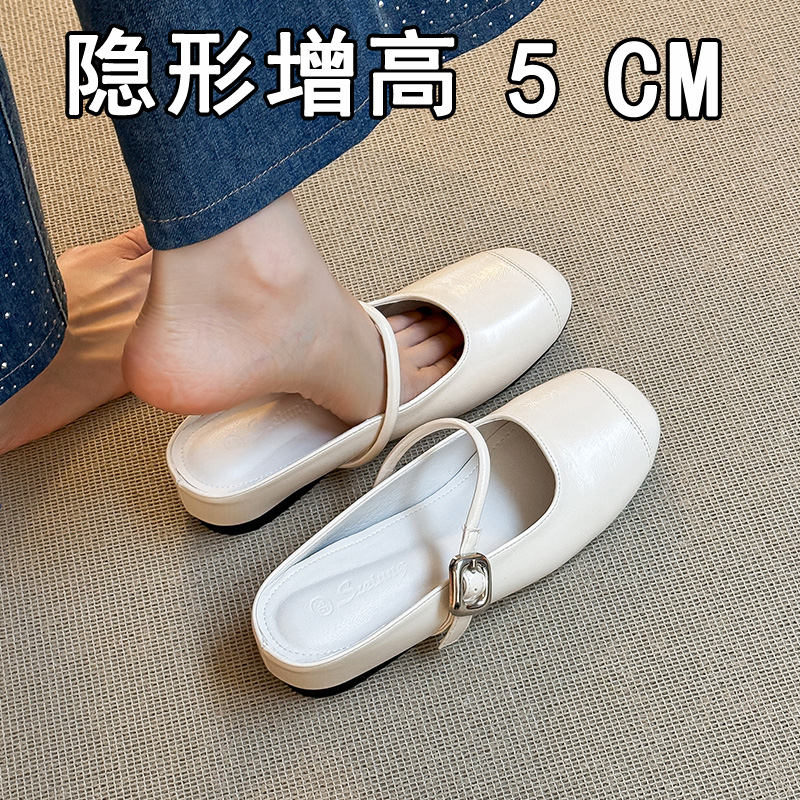 真皮小个子内增高包头半拖鞋女夏季外穿凉拖鞋粗跟玛丽珍单鞋3233