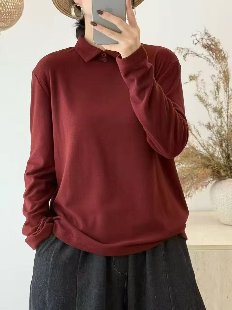 2025秋冬季德绒打底衫女宽松型常规款厚款衫翻领简约内搭百搭