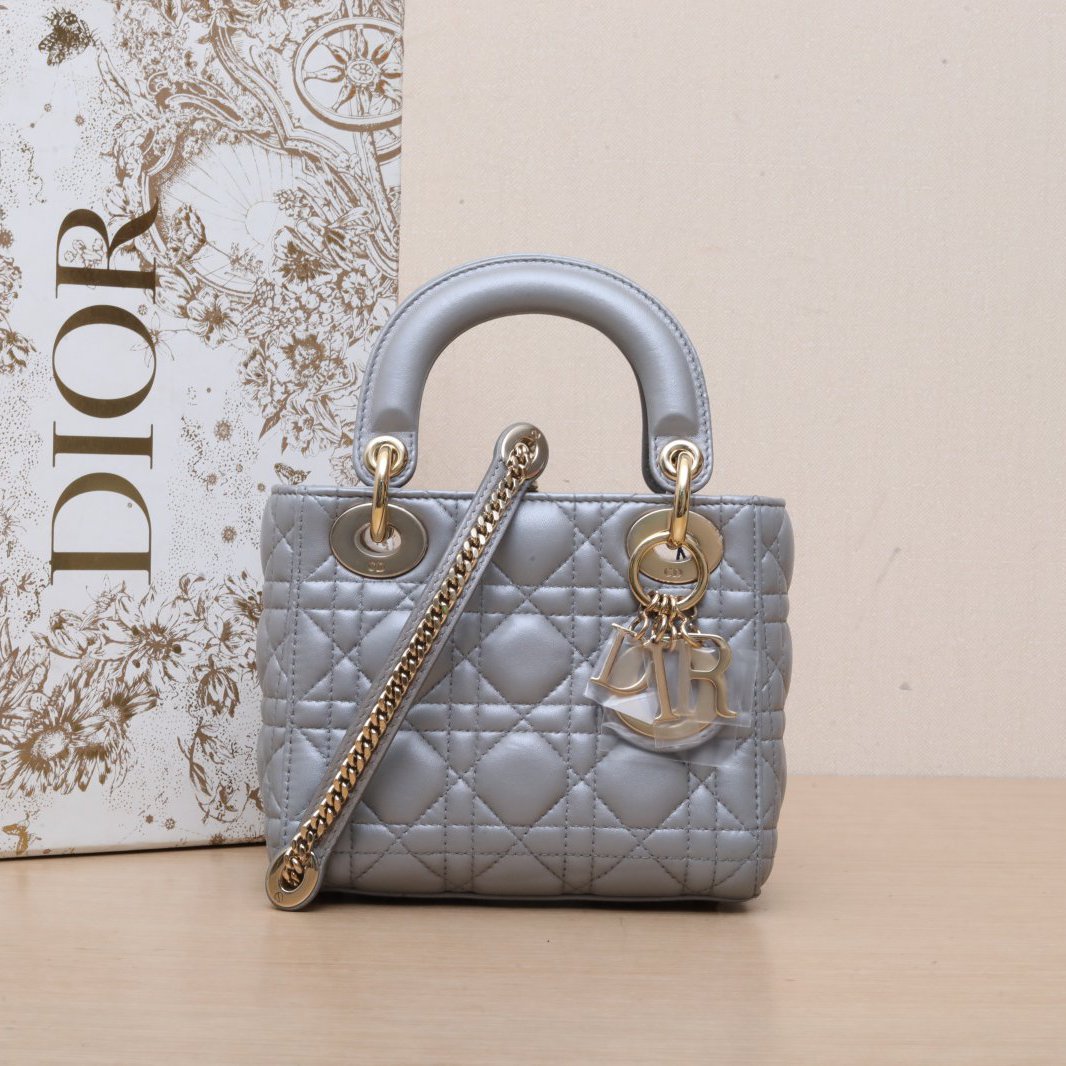 95新 DIOR/迪奥 【黑黑】戴妃包 三格 灰色 皮革S 金扣 2014