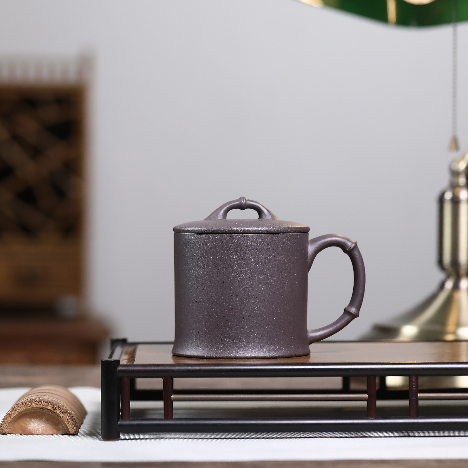 雪涓宜兴原矿紫砂大水潭天青紫泥竹节杯办公盖杯400cc左右