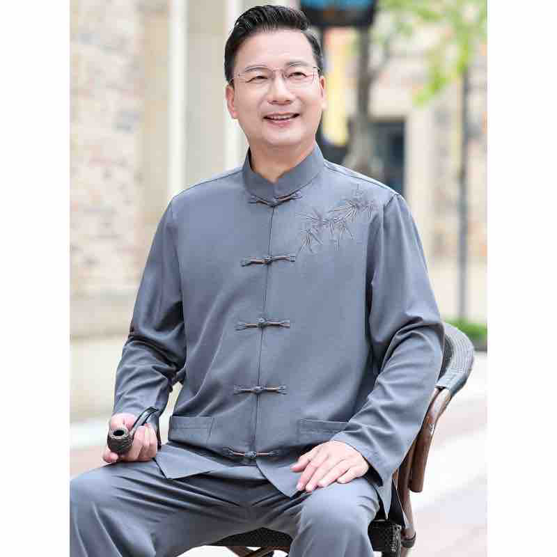 老年人唐装男长袖中老年爸爸冰丝套装中国风爷爷夏秋装晨练太极服