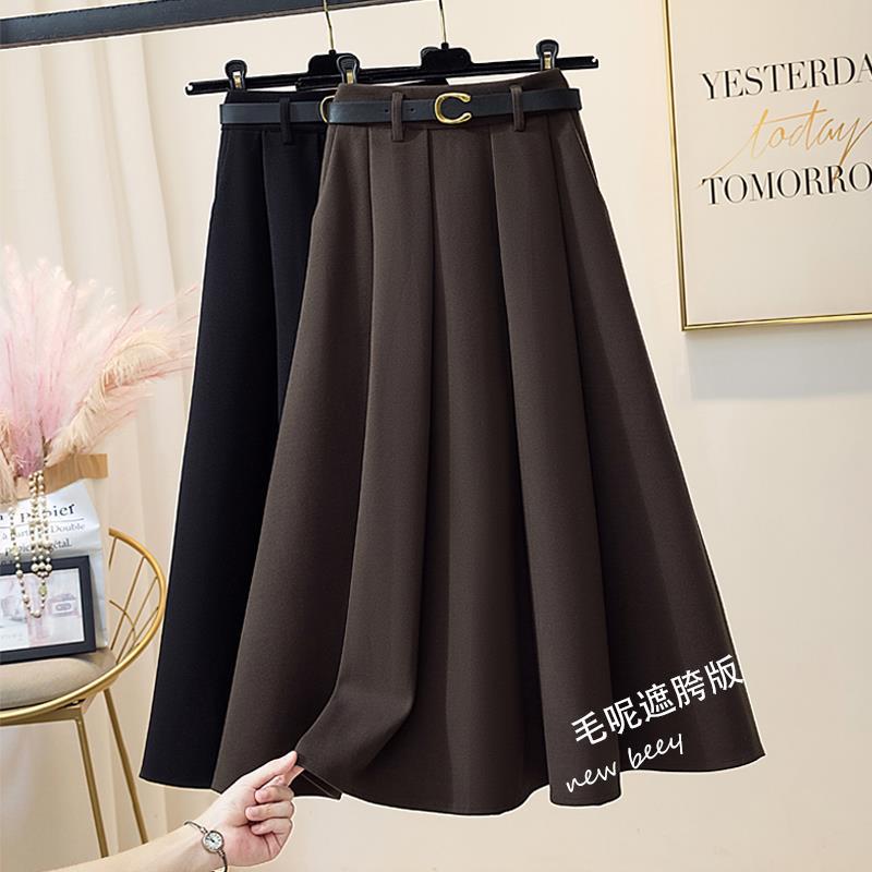 半身裙秋冬女A字冬裙中长款百褶裙2024新款赫本风高级感毛呢长裙