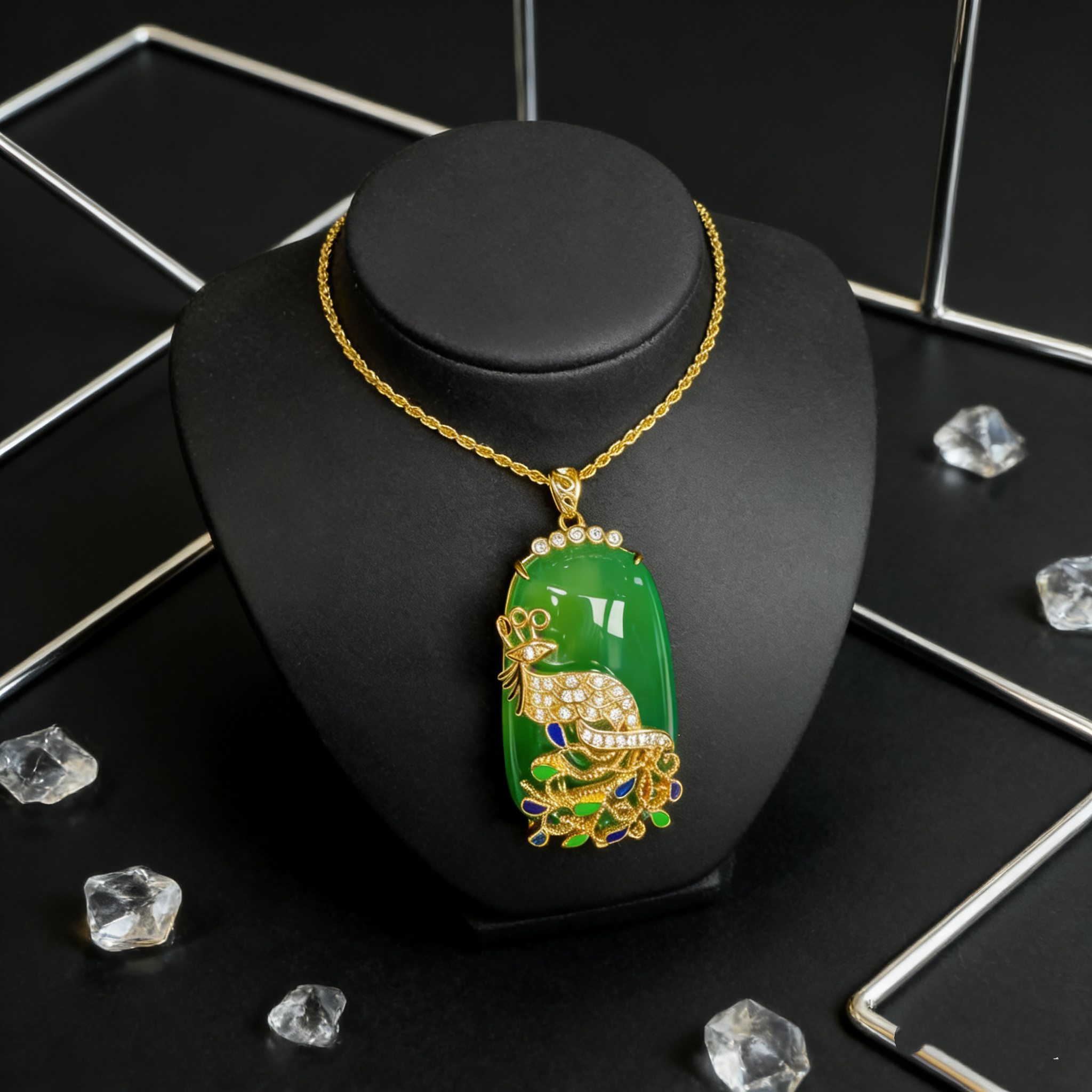 -S010-天然  高端  大气   时尚  铜镶 绿玉髓 绿孔雀吊坠-配链子