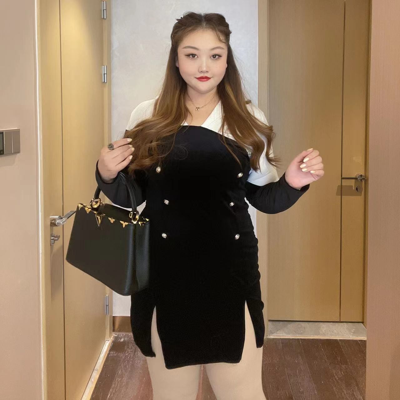 【钻石家大码】拼接假两件丝绒拼接气质通勤连衣裙 DOP2103