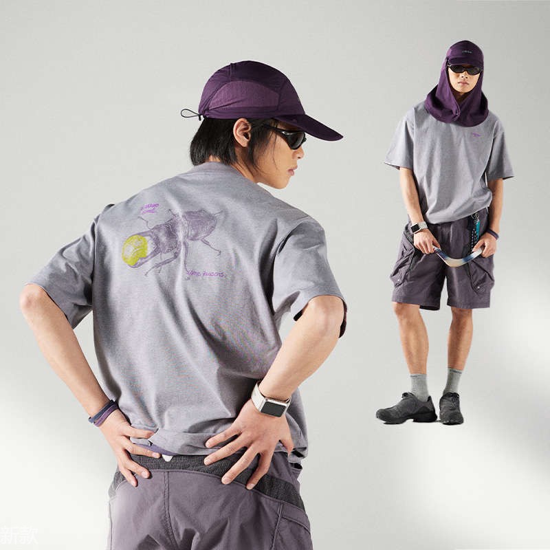 NothommeBLUE蓝岐棉质花纱锹甲T恤柔软透气复古印花五分短袖男