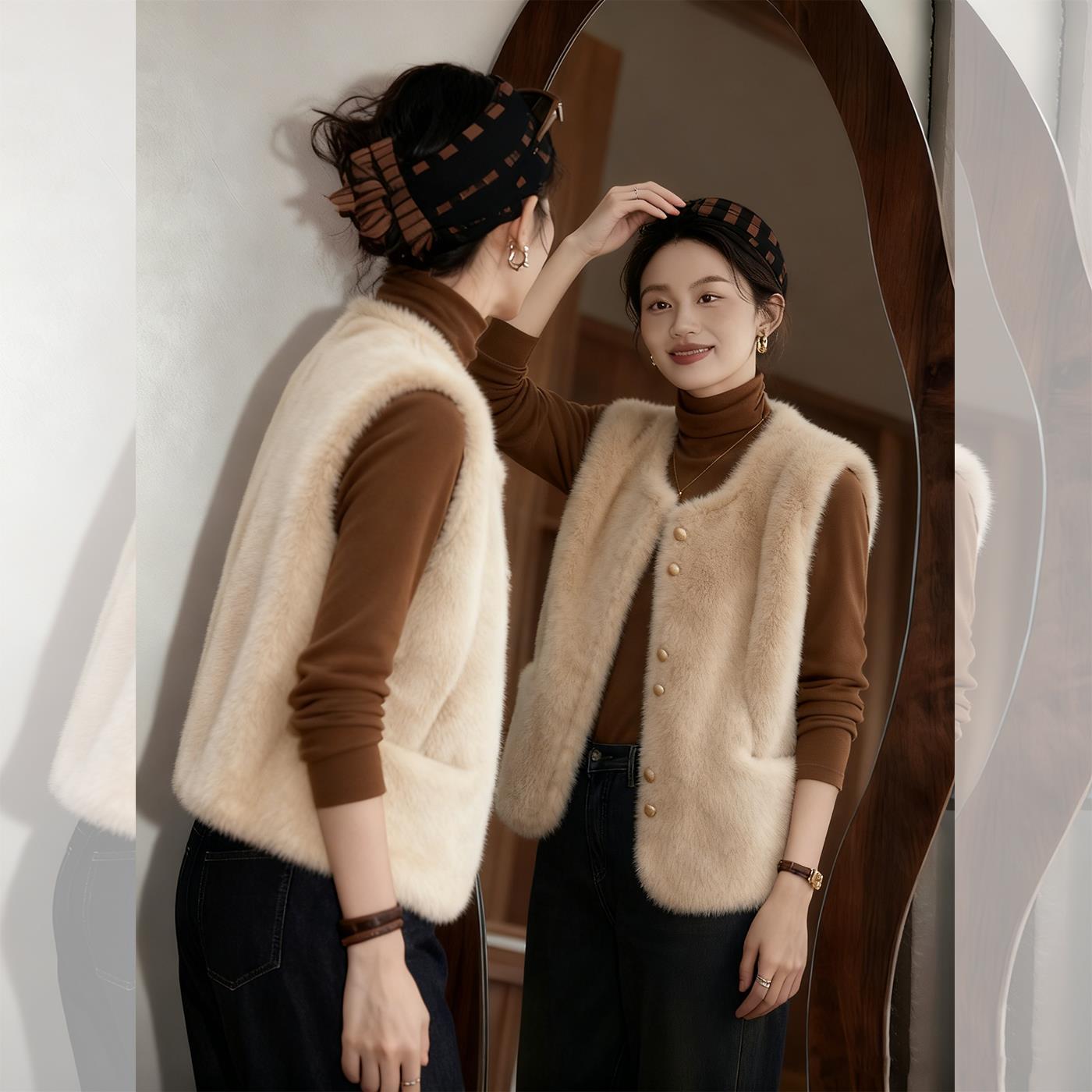 复古高级感毛绒马甲上衣女秋冬2025新款加厚保暖小香风外搭背心潮