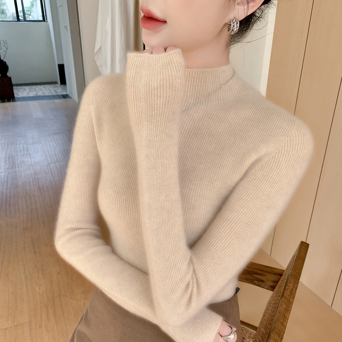 女士抽条半高静奢风保暖针织羊绒衫衫半高领纯色上衣
