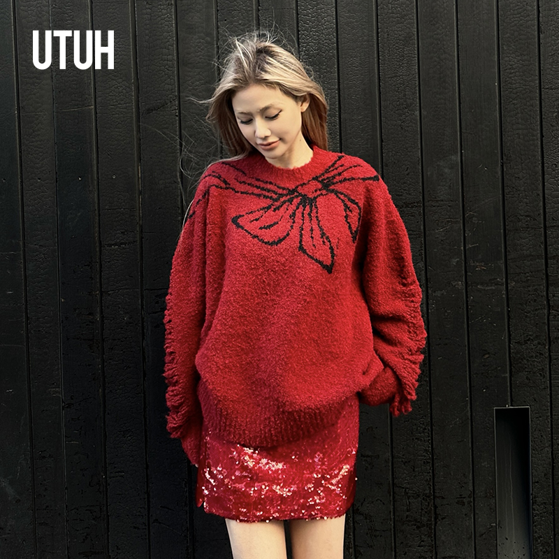 UTUH 红色氛围感手工破坏镂空破旧设计感个性针织毛衫 TUWFW3N359