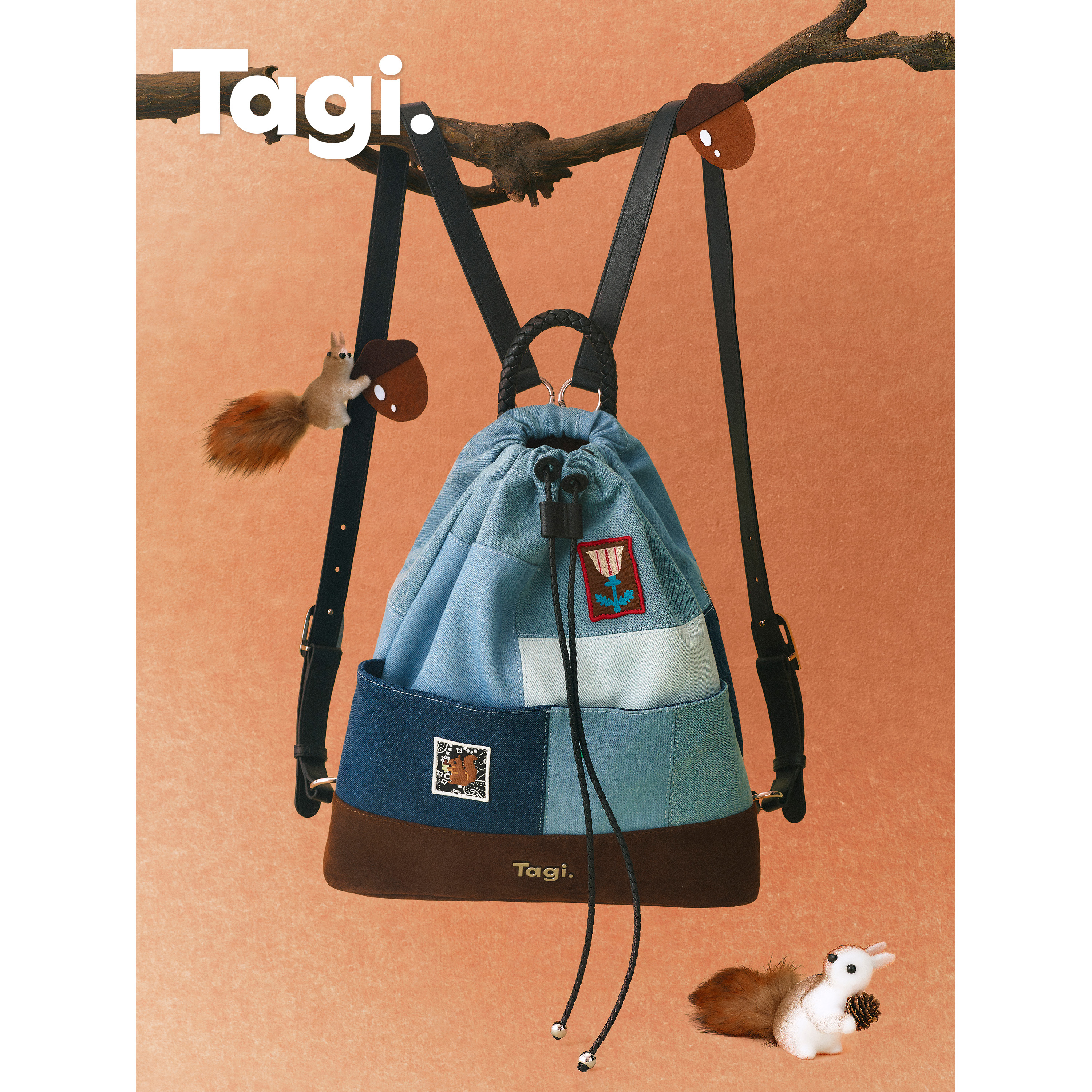 Tagi. 《想象拼接》双肩包牛仔麂皮拼接编织提手旅行通勤束口包