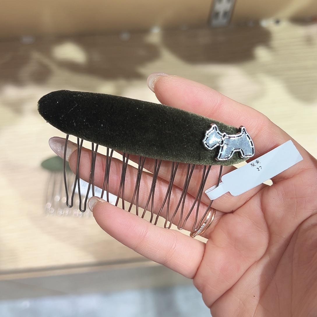 羽毛不锈钢绿色丝绒小狗插梳