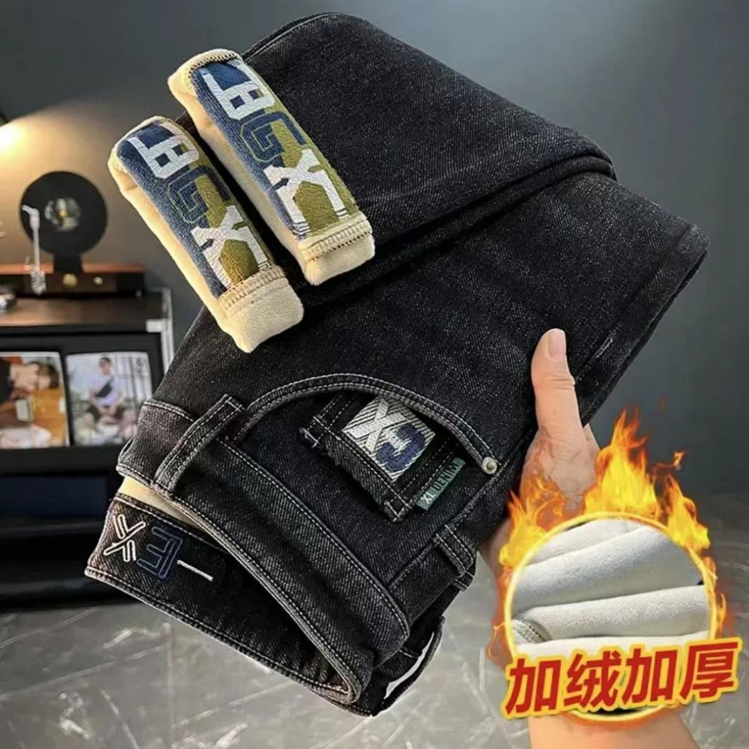 2025秋冬季新款男直筒潮流男裤休闲百搭韩版弹力修身时尚刺绣男裤