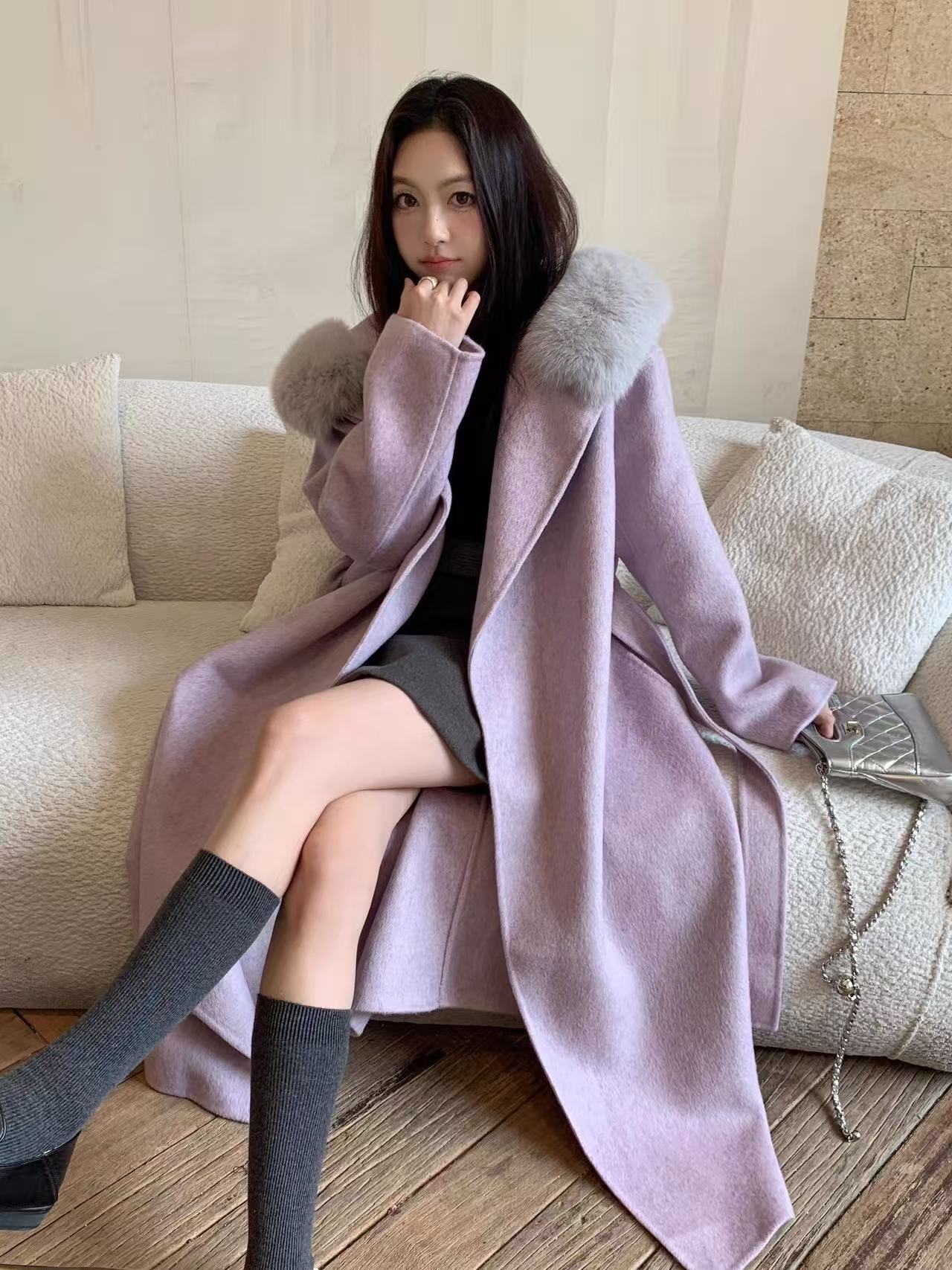 狐狸毛连帽双面羊毛中长款高端开衫大衣女2025秋冬