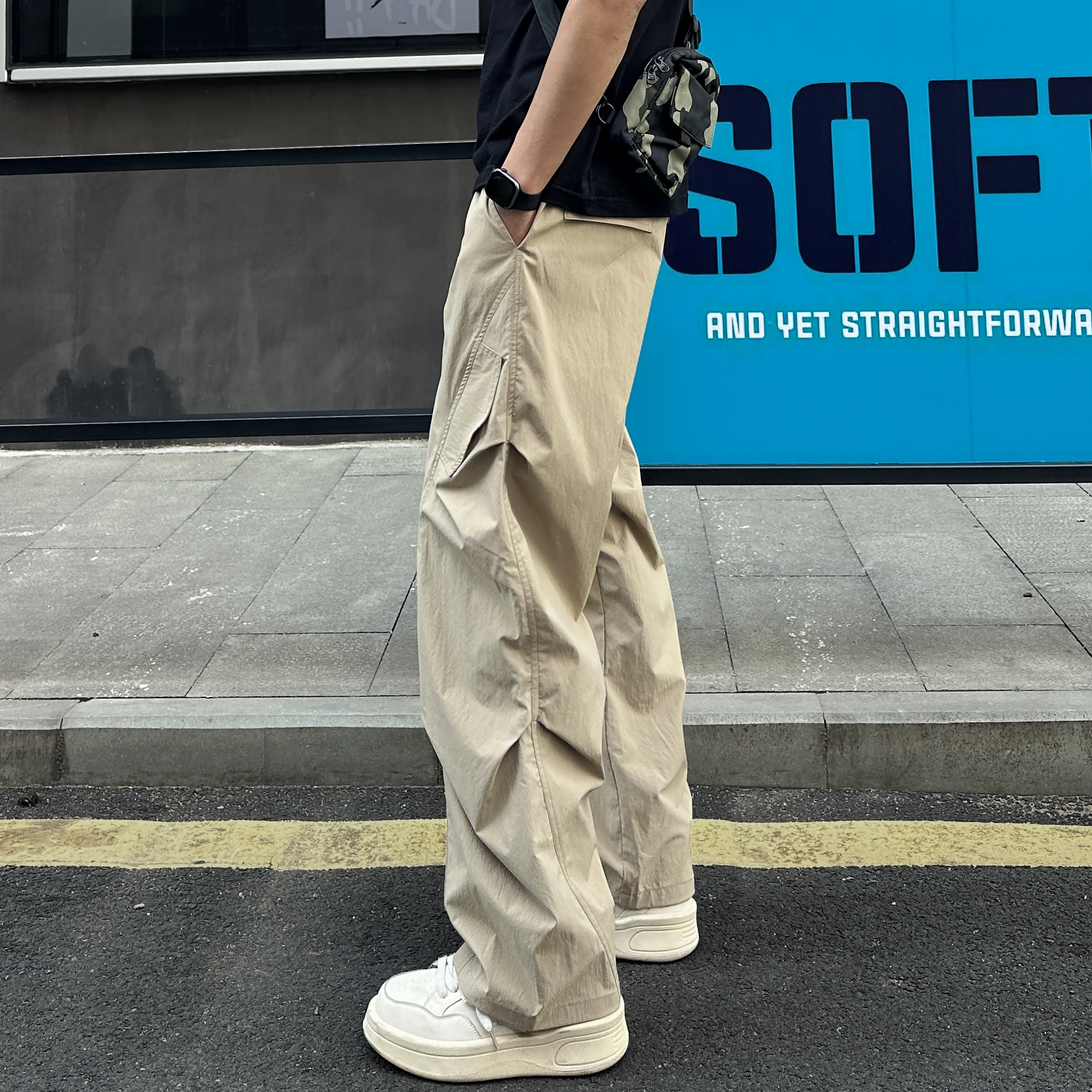 QUALCOMM潮流皱感直筒休闲裤男女秋冬加绒宽松户外速干工装伞兵裤