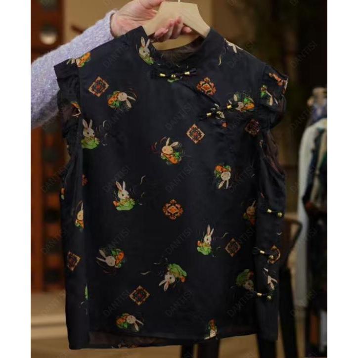 漫意<<非遗美学>>1957夏季气质蝴蝶立领花边无袖上衣