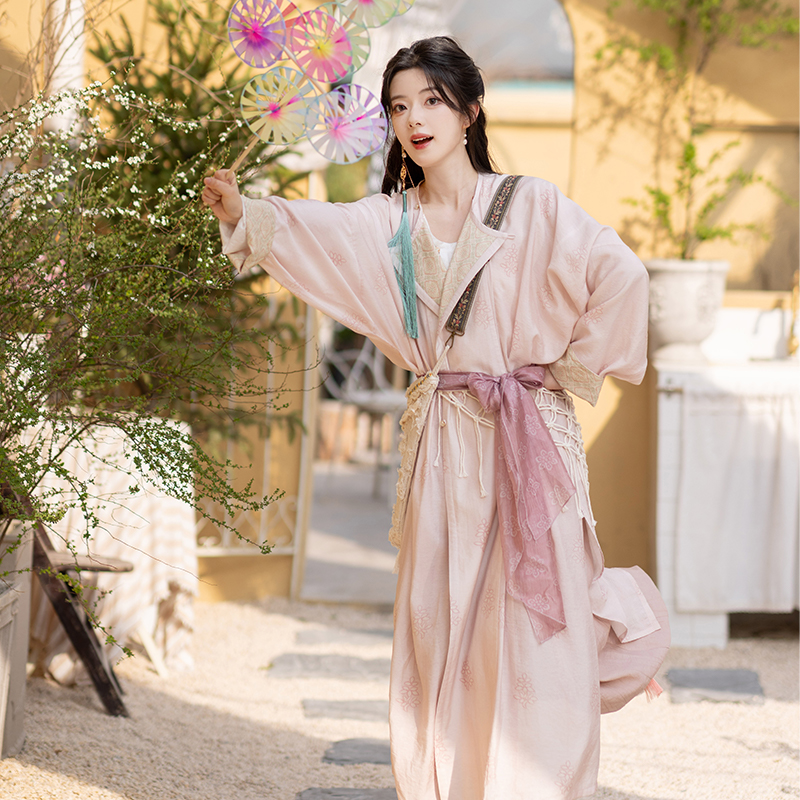 池夏【春分:雾中山桃】唐桃粉色印花圆领袍灯笼裤原创汉服女 春夏