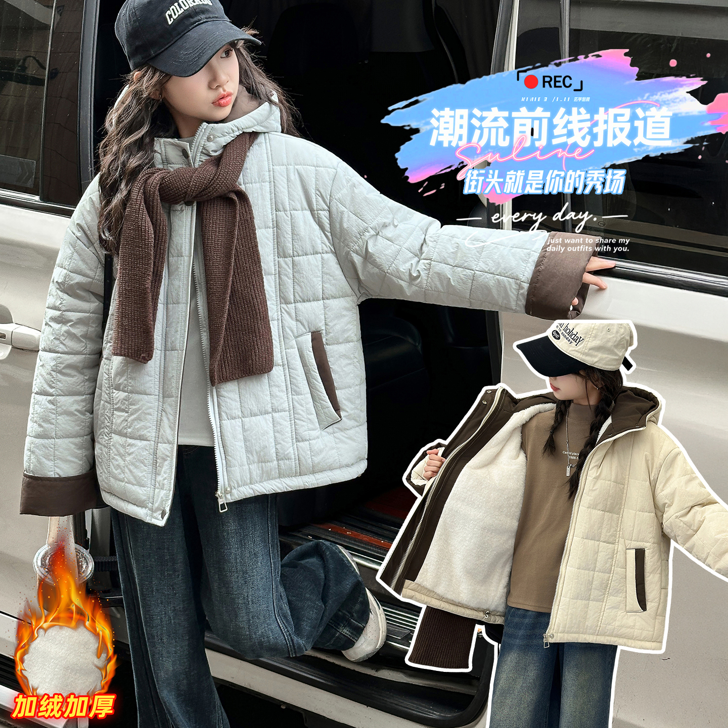 女童冬季新款加绒加厚航线棉服加围巾中大童女孩洋气时尚甜美外套
