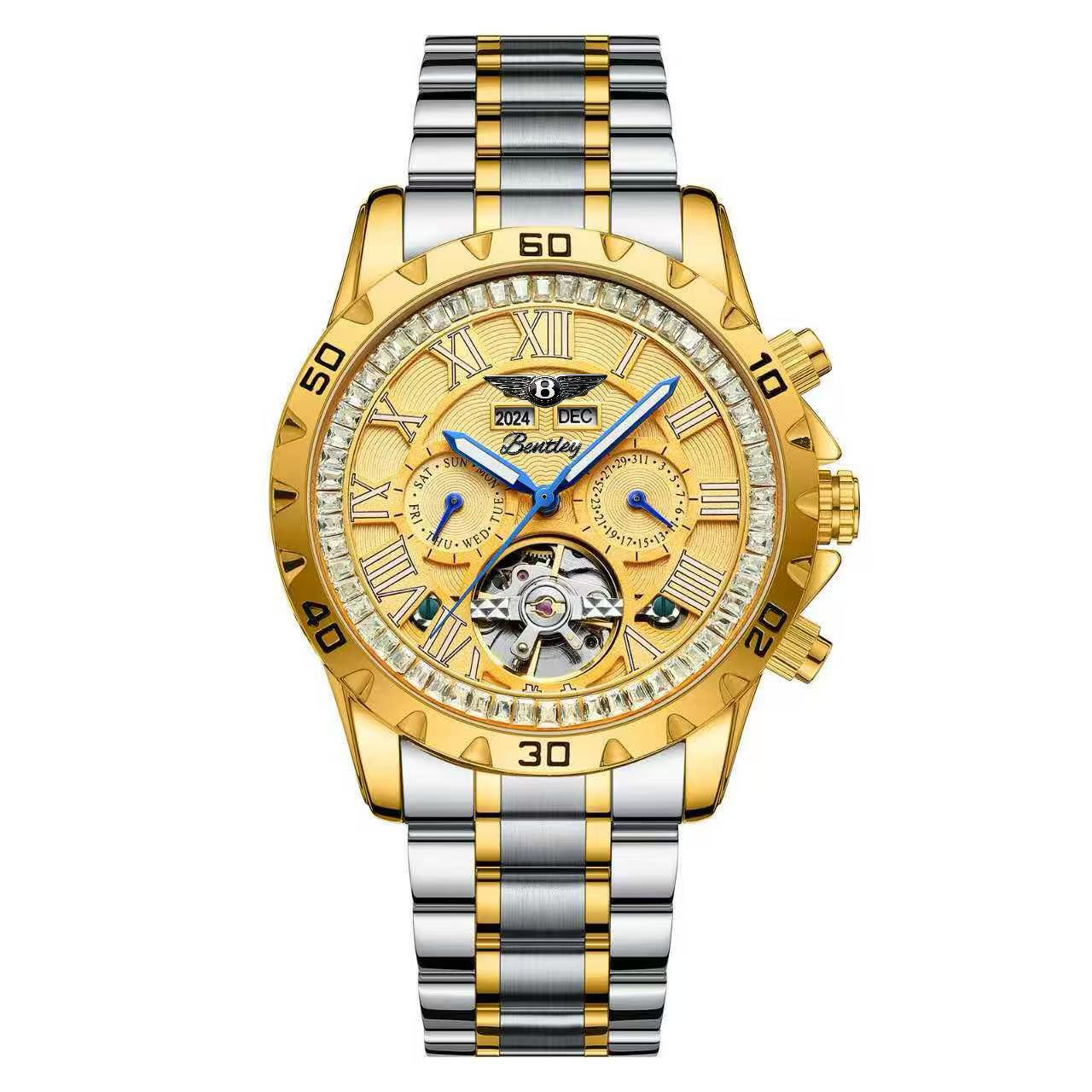 宾利8883机械金壳/镂空蓝盘男士商务高奢时尚机械腕表