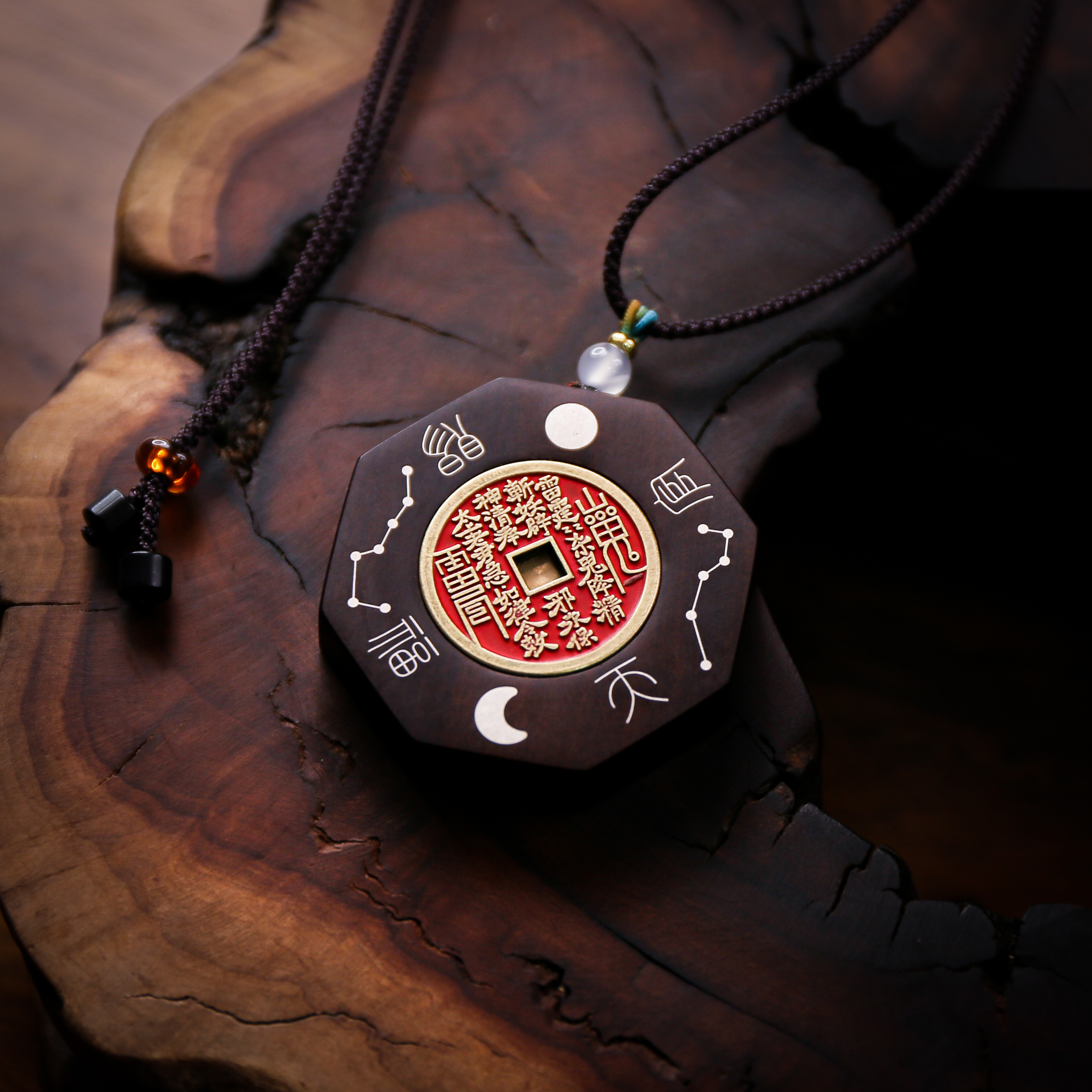 【龙虎山直发】雷枣木七星山花镶银可转动把玩件挂件