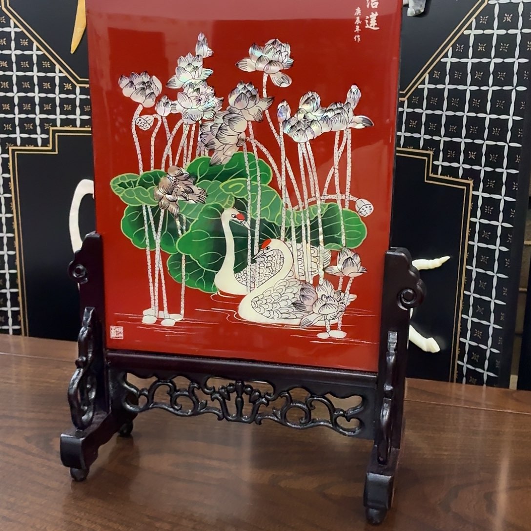 木扬州漆器厂螺钿22方无红底洁莲台屏