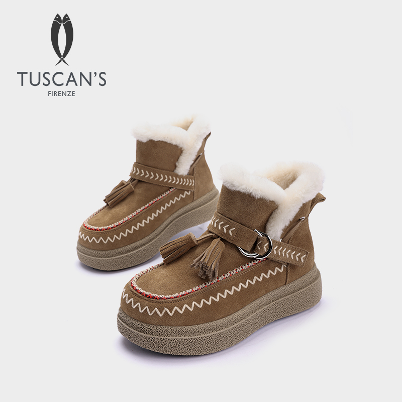 TUSCAN'S冬季流苏拼色厚底保暖时尚雪地靴短靴皮毛一体短筒