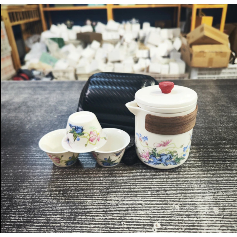 羊脂玉瓷珐琅彩蝶恋花虞美人一壶三杯旅行茶具LX157