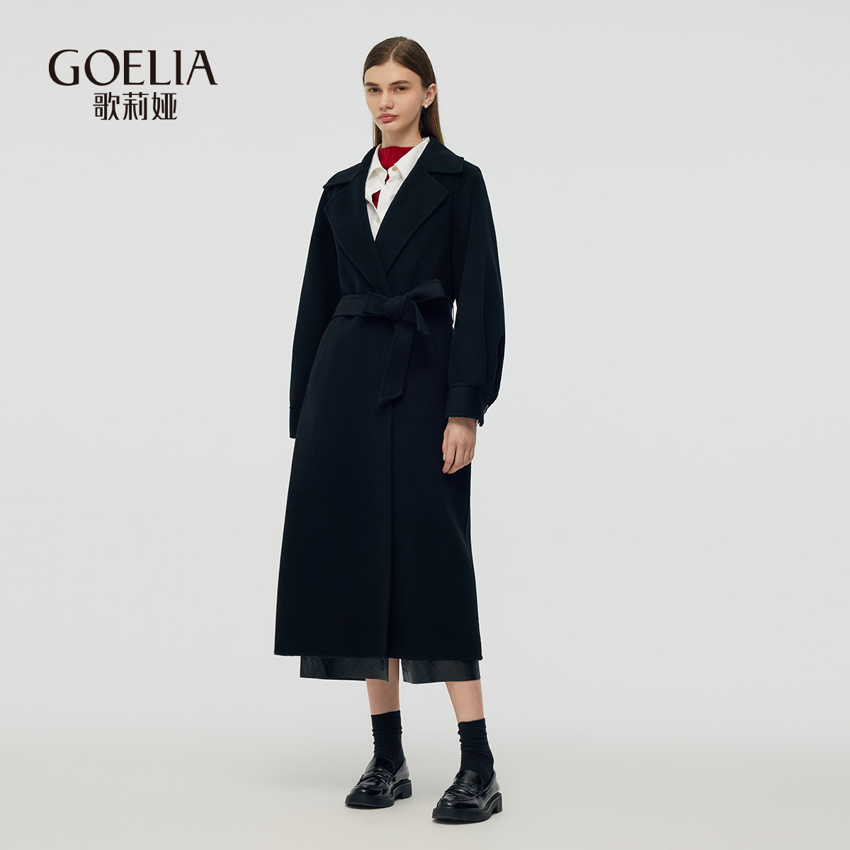 歌莉娅冬季黑色绵羊毛羊绒双面呢大衣1CSC6N850高级感长款复古