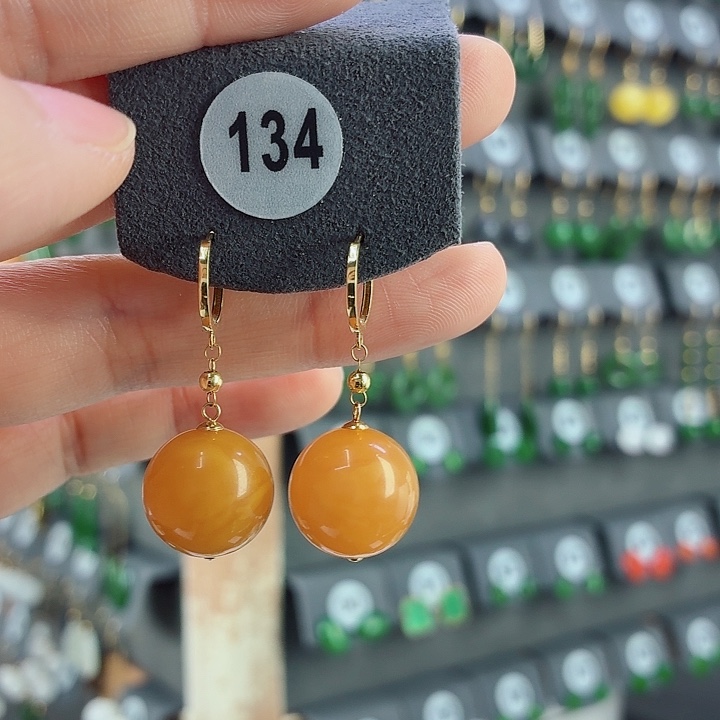 琥珀18K金镶嵌耳饰