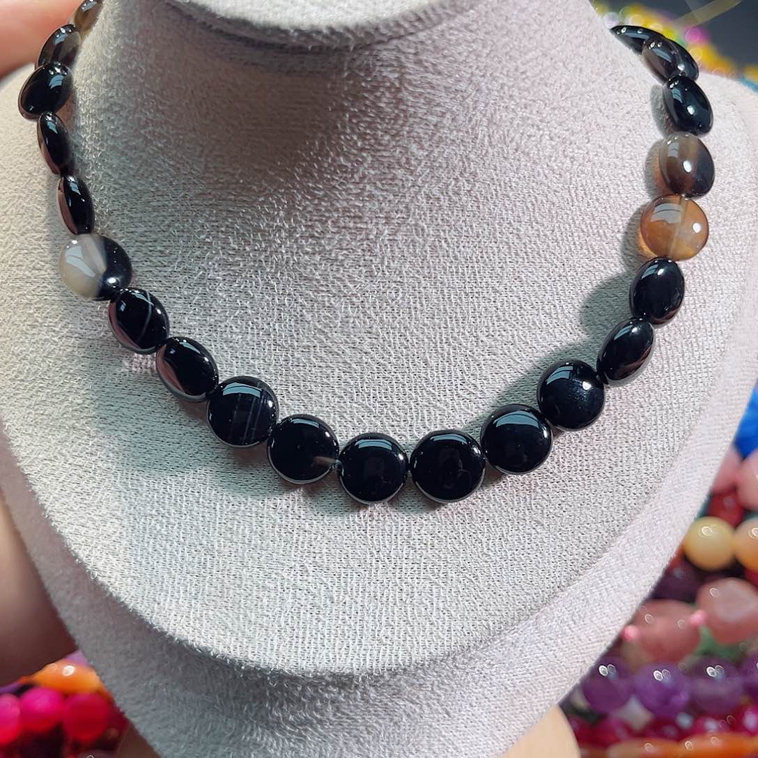 玛瑙/玉髓未镶嵌珠宝半成品黑玛瑙圆饼一条10mm