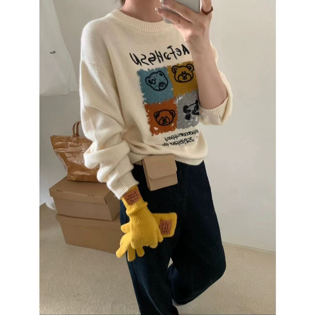 可爱卡通小熊8170针织衫毛衣长袖宽松慵懒风减龄