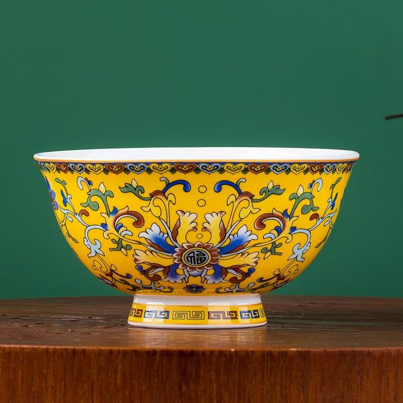 高档陶瓷碗中式缠枝莲陶瓷珐琅彩汤碗轻奢金边防烫防烫家用吃饭