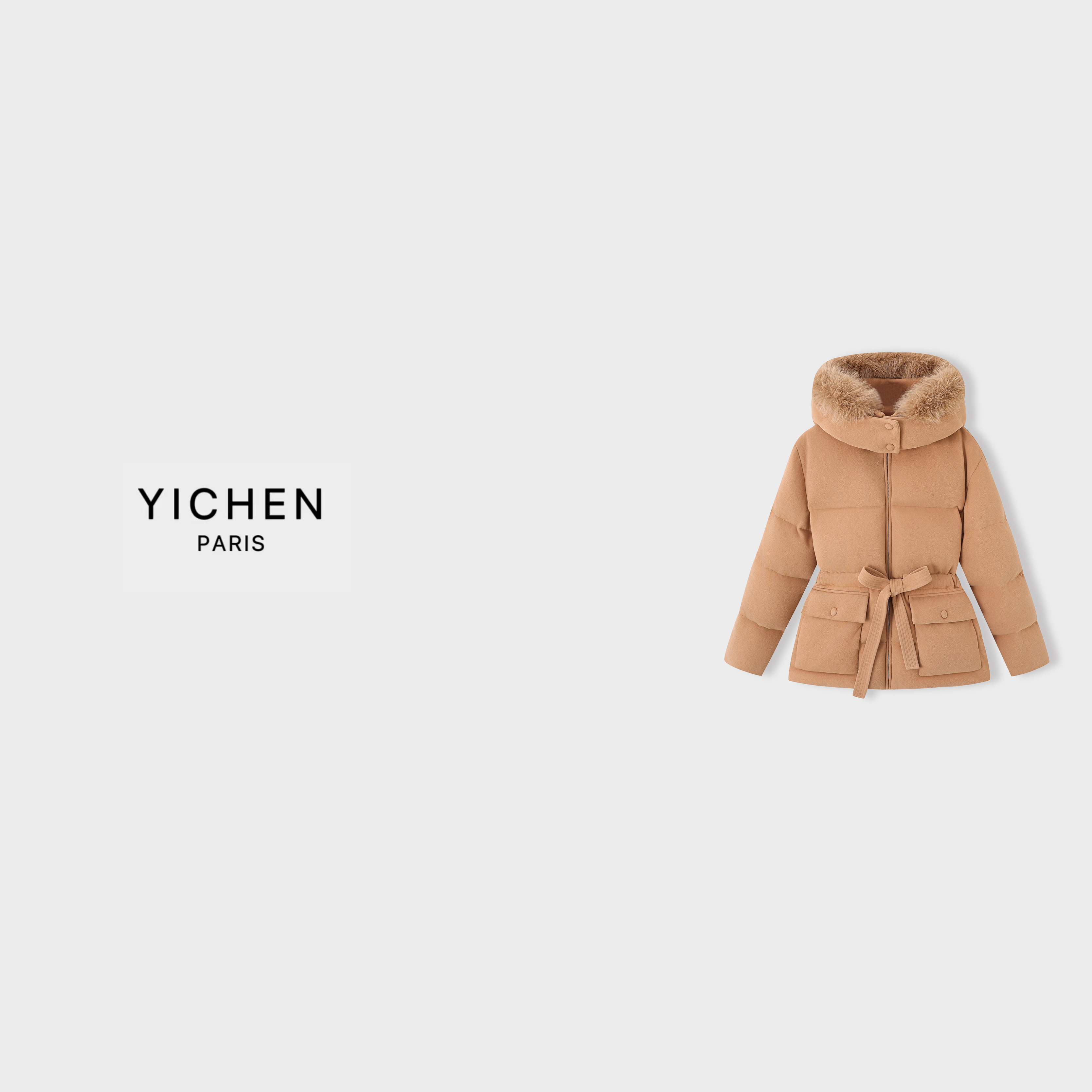 YC 焦糖色 L P 高定款毛领拼接收腰羊毛羽绒服-4180