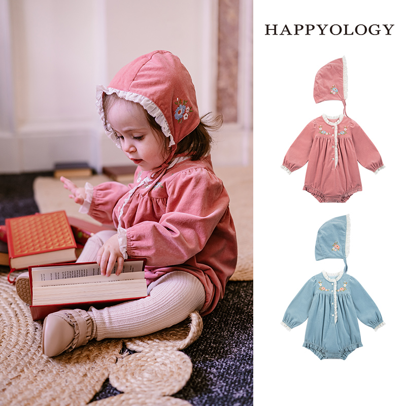 Happyology英国儿童秋新款绣花婴幼儿宝宝百天头饰撞色花边帽子