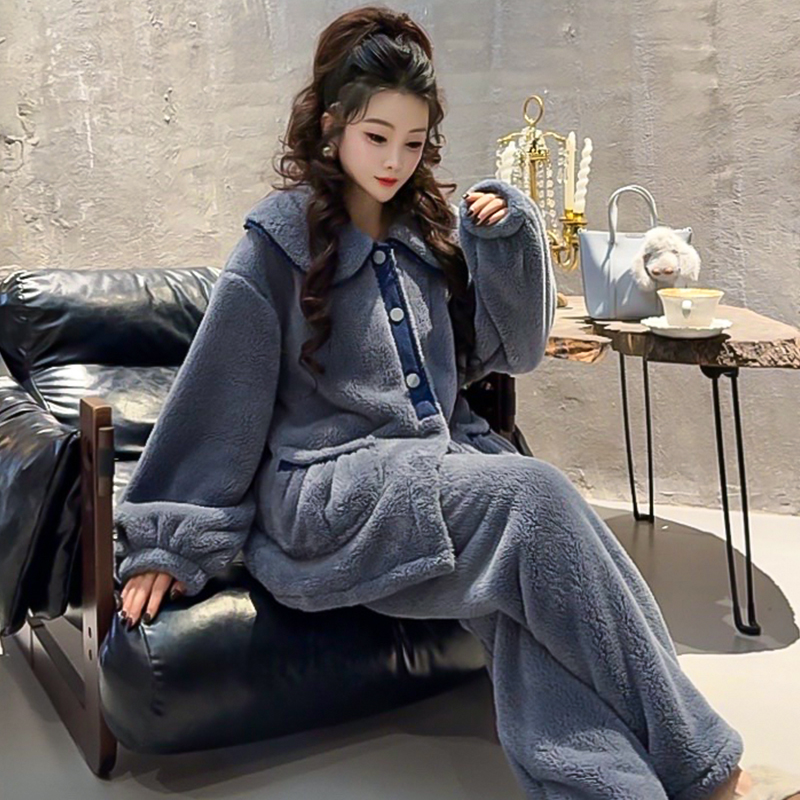 睡衣女秋冬款冬季珊瑚绒家居服法兰绒加厚款冬天大码加绒保暖套装